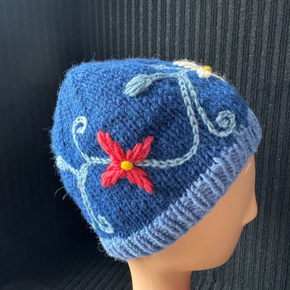 Ganesh Himal Blue‎ Wool Knit Floral Embroidered Womens Fleece Lined Beanie Hat